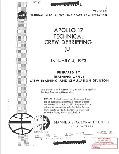 Source document: NASA-UAP-D6, Apollo 17 Technical Crew Debriefing, 1973