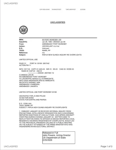 Source document: State Department UAP Cable 1, Papua New Guinea, January 28, 1985