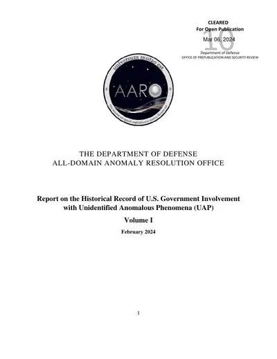 First page of AARO Historical Record Report Vol 1 2024