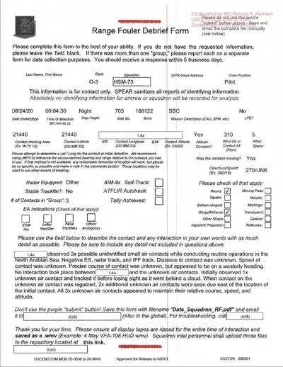 Source document: DOW-UAP-D56, Range Fouler Debrief, Arabian Sea, August 2020