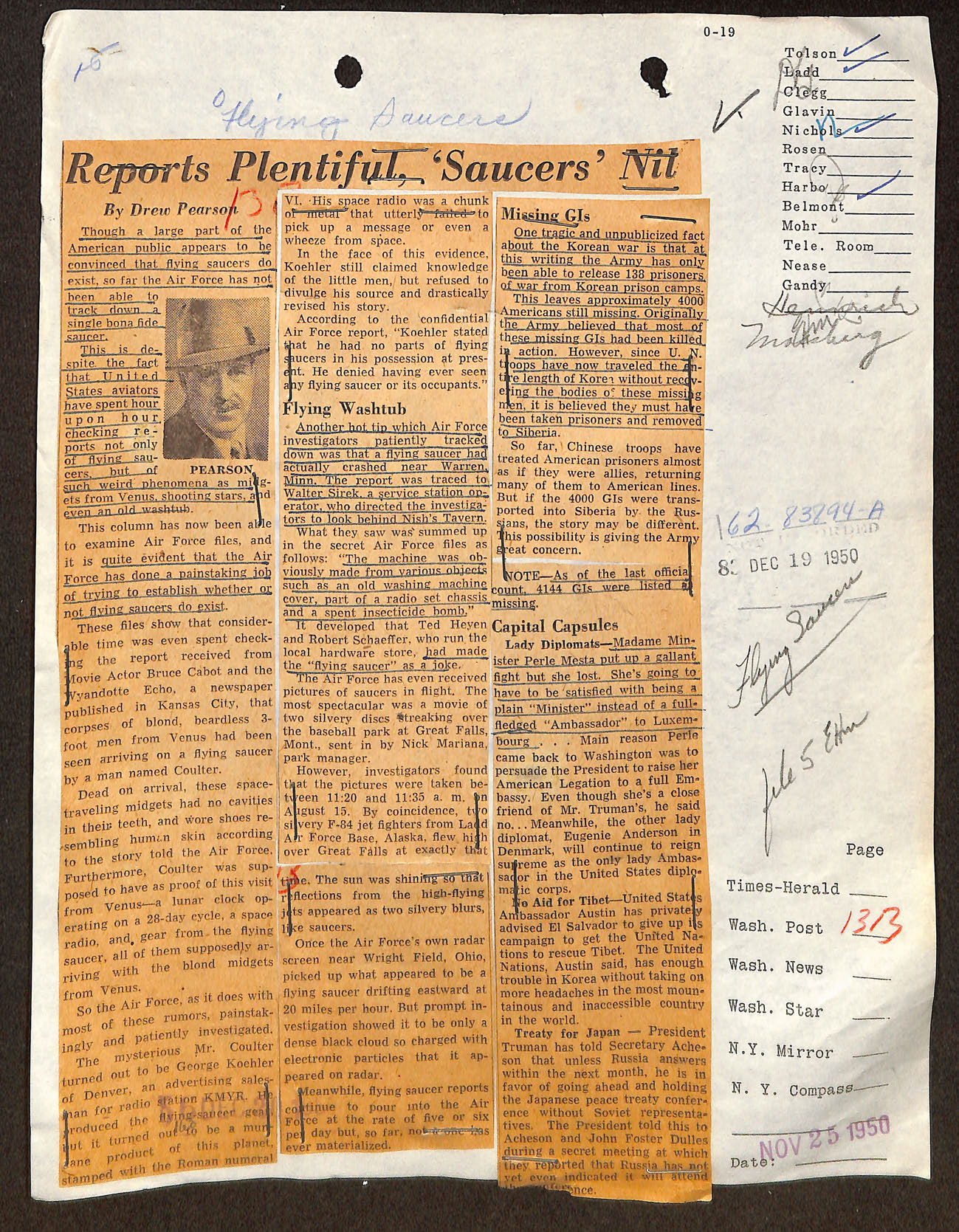 "Reports Plentiful, ‘Saucers' Nil" — multi-source clipping with photo of investigator and witness.