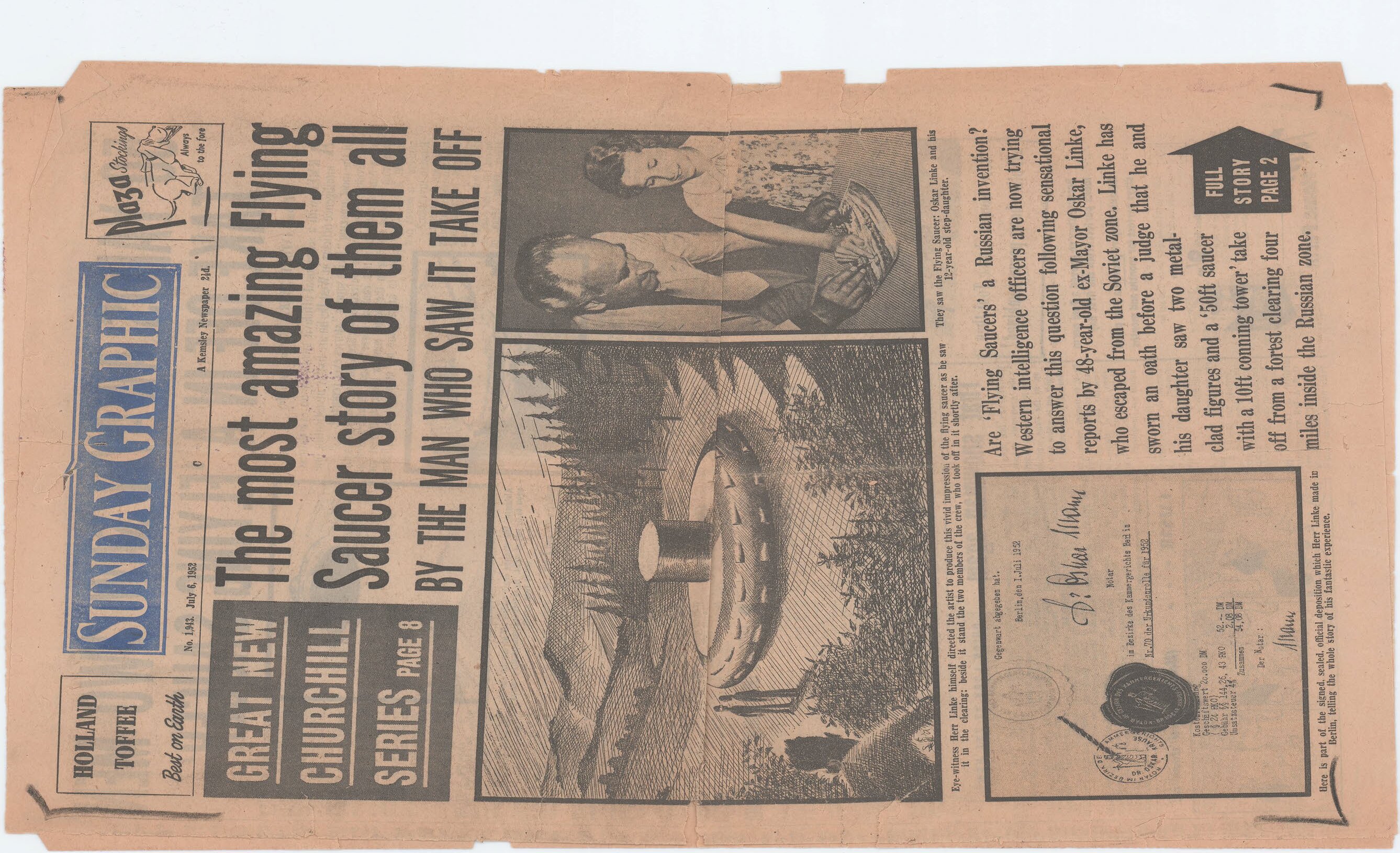 Sunday Graphic, UK · July 6 1952 — "The most amazing Flying Saucer story of them all." Full-page report on the Oskar Linke USSR sighting with illustrated reconstruction.