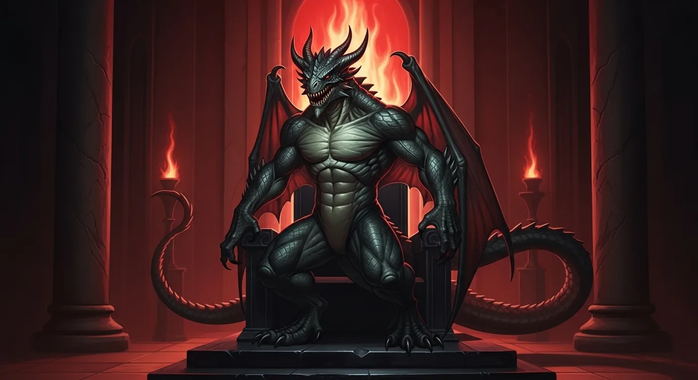 Dragon enthroned in shadow surrounded by occult symbols suggesting infernal majesty