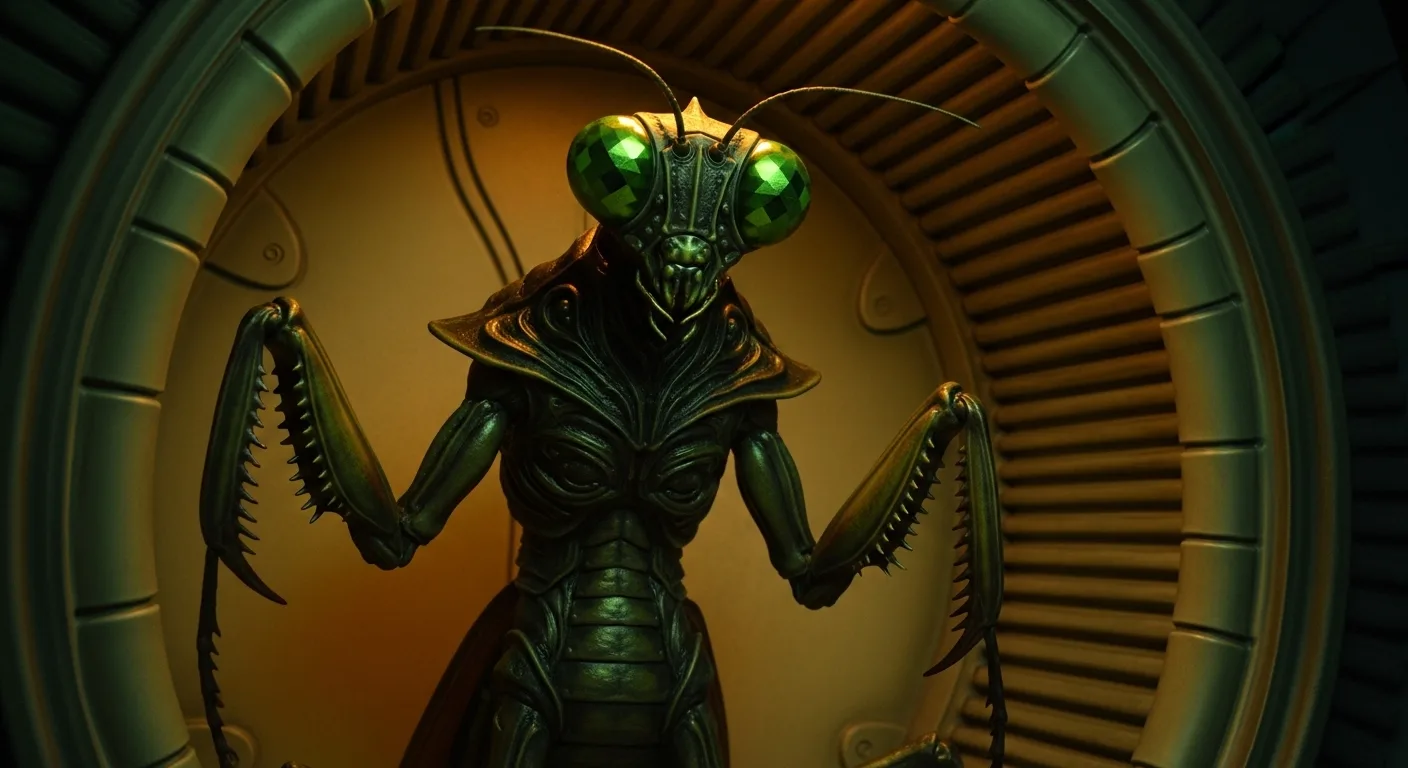 Tall thin humanoid silhouette suspended in dim circular light