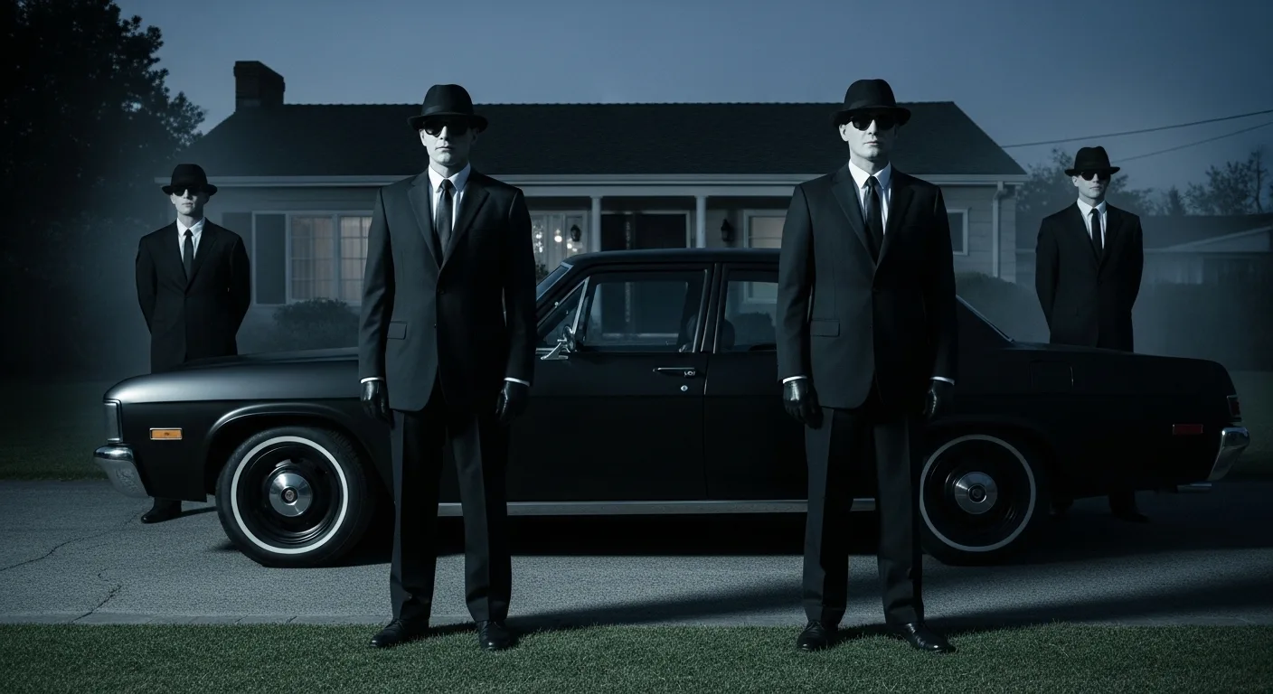 Dark-suited figure in a fedora beside a black sedan on an empty street