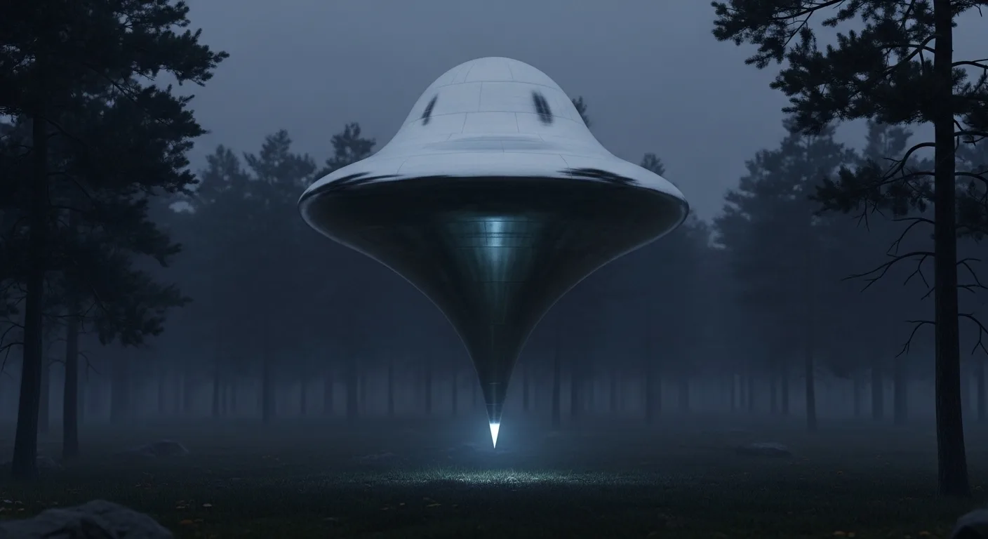 Bell-shaped UFO beams light onto misty jungle floor at night