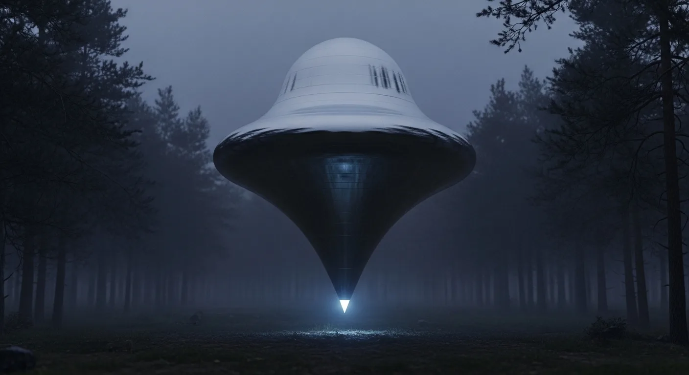 Bell UFO with funnel underside projects light cone into pines
