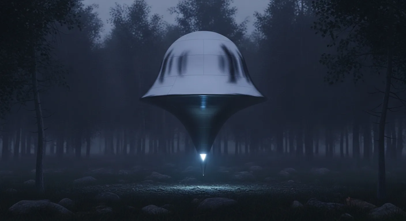 Bell-shaped UFO projects bright beam to ground in dark foggy forest