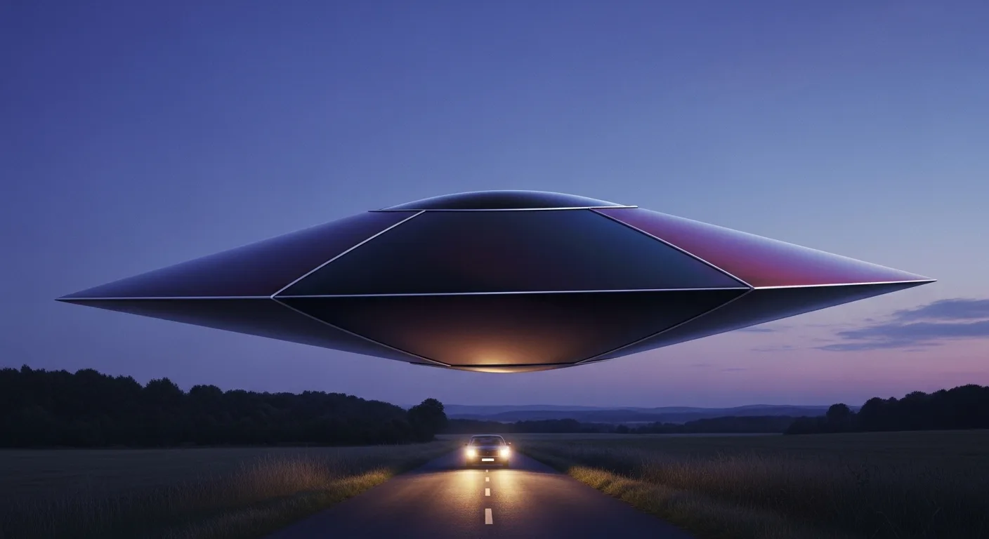 Disc-shaped craft hovering above country road beside a saloon car