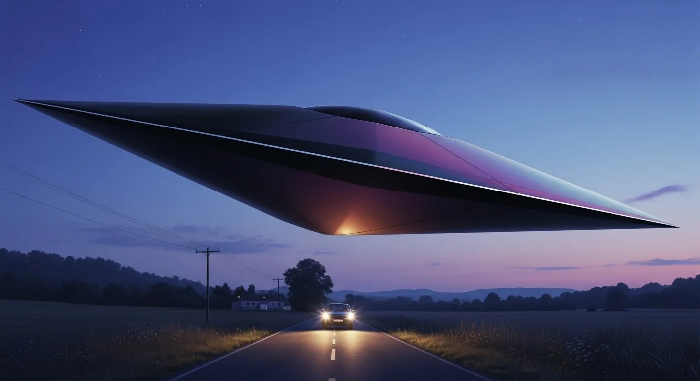 Dark diamond craft with underside glow over rural road at dusk