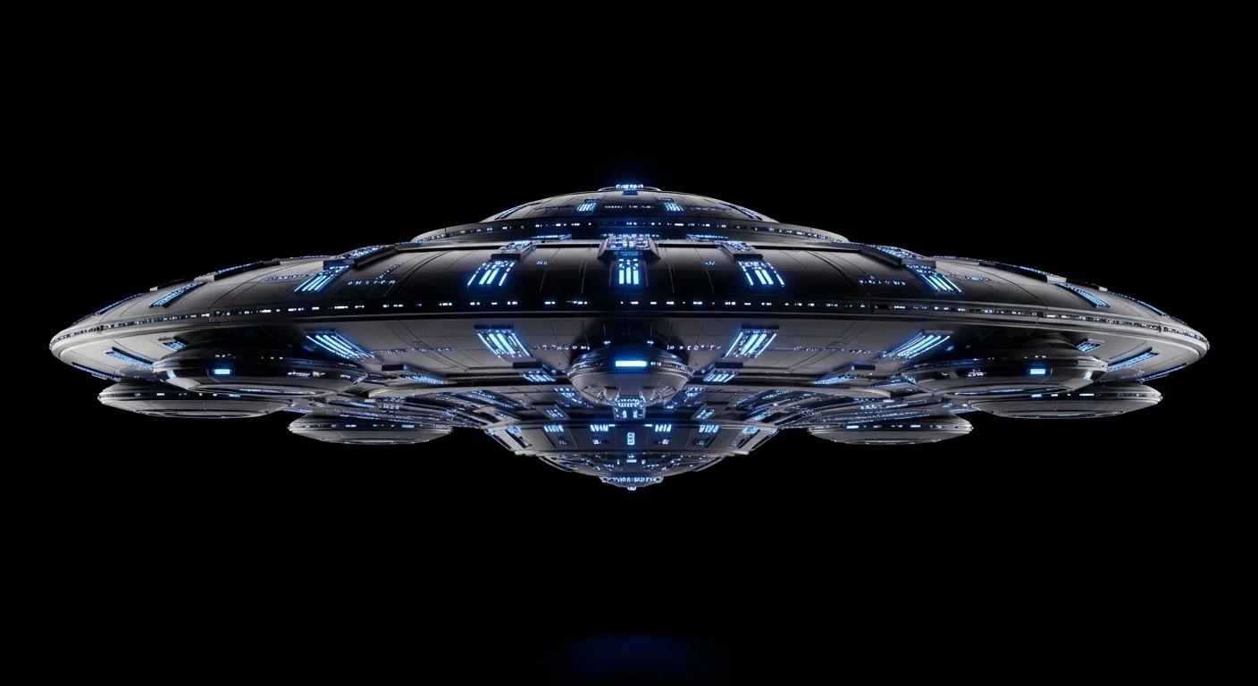 Artistic depiction of Eagle River Pancake Incident — large blue-lit disc-shaped mothership
