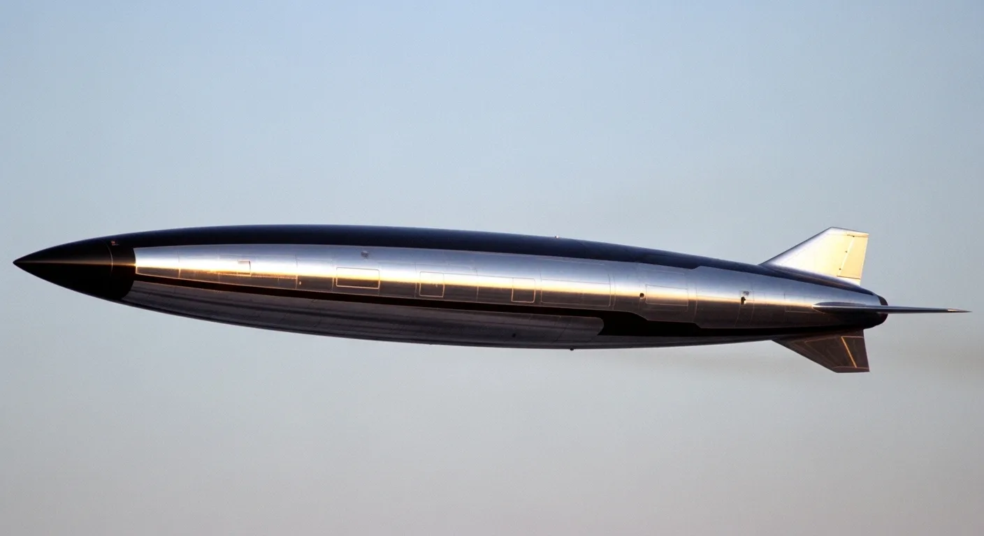 Sleek lifting body craft silhouetted against open sky