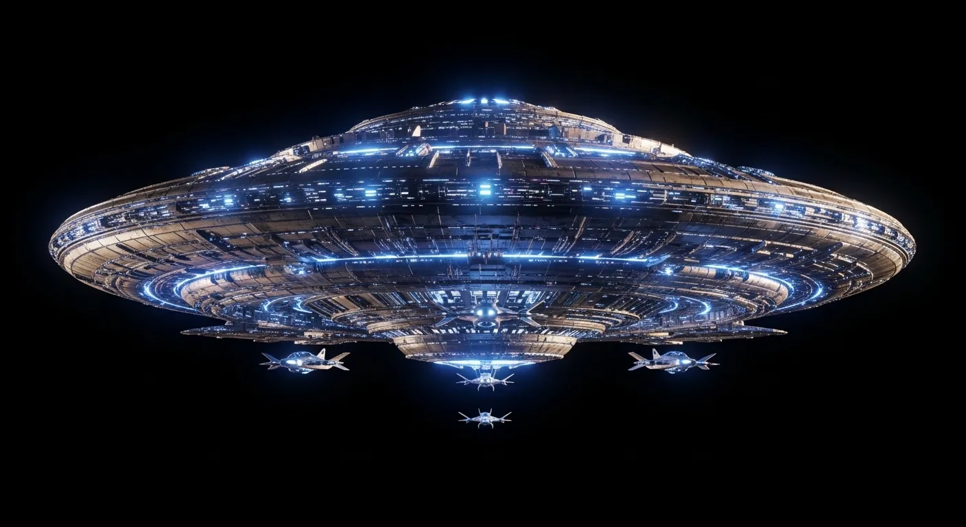 Artistic depiction of Operation Plate: The Colares UFO Attacks — mothership flanked by smaller escort craft