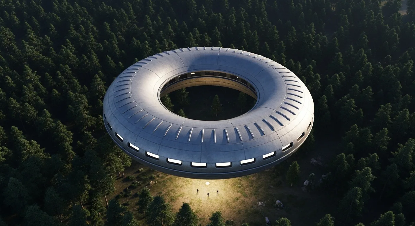 Aerial view of ring UFO over forest clearing with human figures