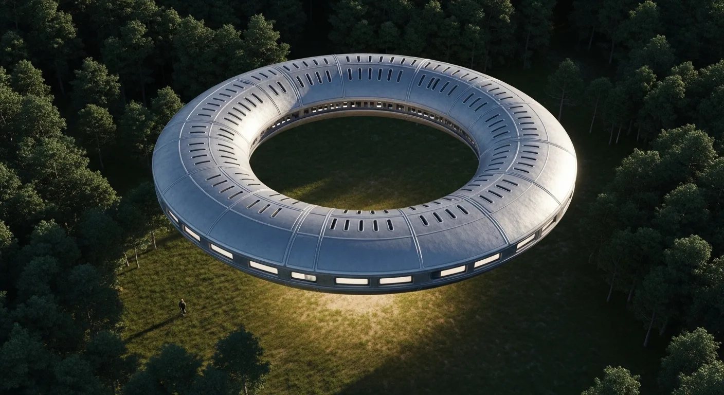 Aerial view of ring UFO over forest clearing with lone figure below