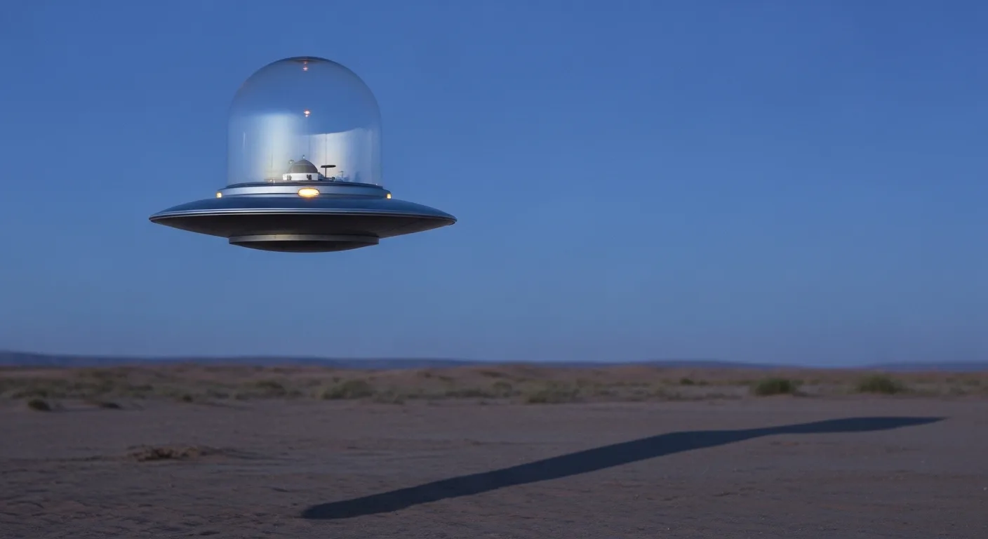 Domed glass-top flying saucer over desert at dusk