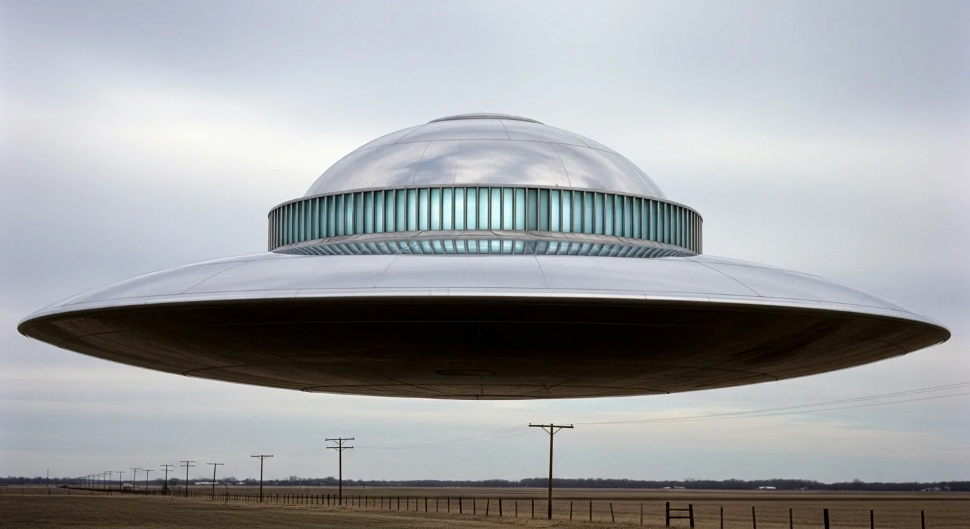 Chrome saucer with windowed dome hovers over flat farmland
