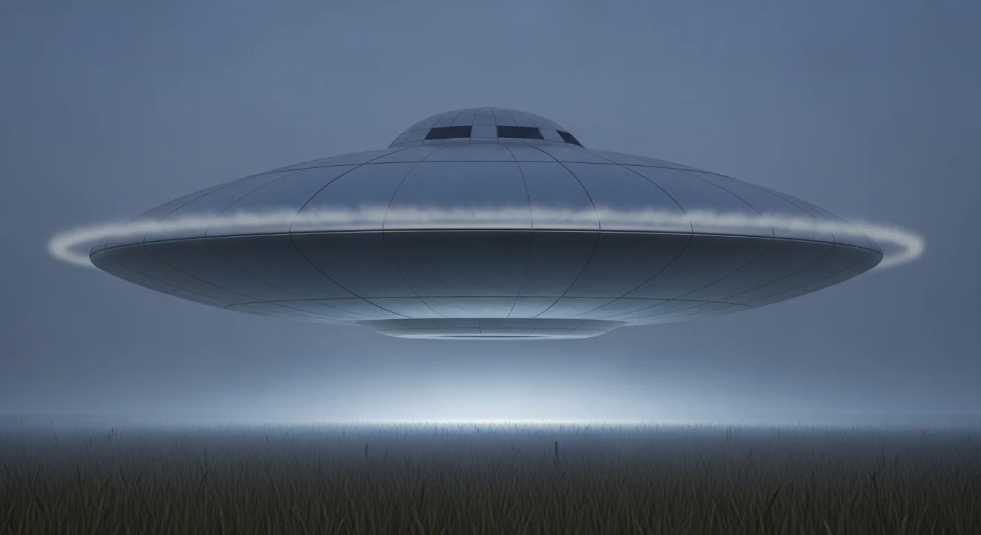 Glowing UFO ring hovers over dark misty grass field