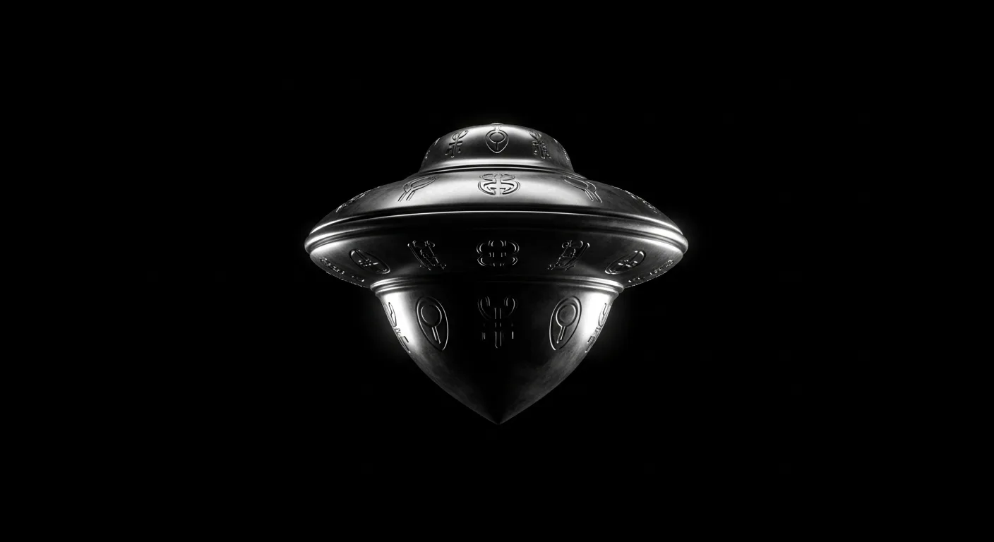 Artistic depiction of Kenneth Arnold Sighting - Birth of Flying Saucers — silver saucer with engraved glyph-like markings