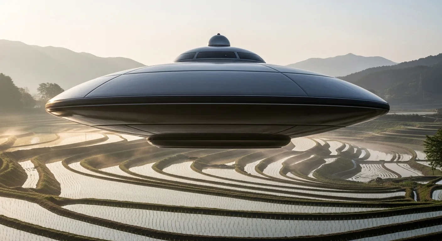 Sleek domed saucer over terraced rice fields and distant hills