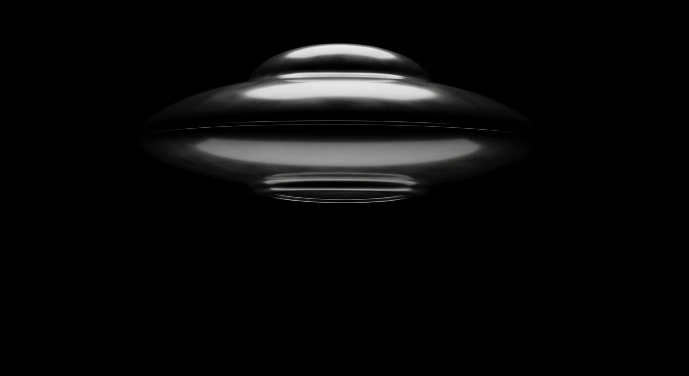 Artistic depiction of Utsuro-bune Encounter — chrome flying saucer with ringed underside
