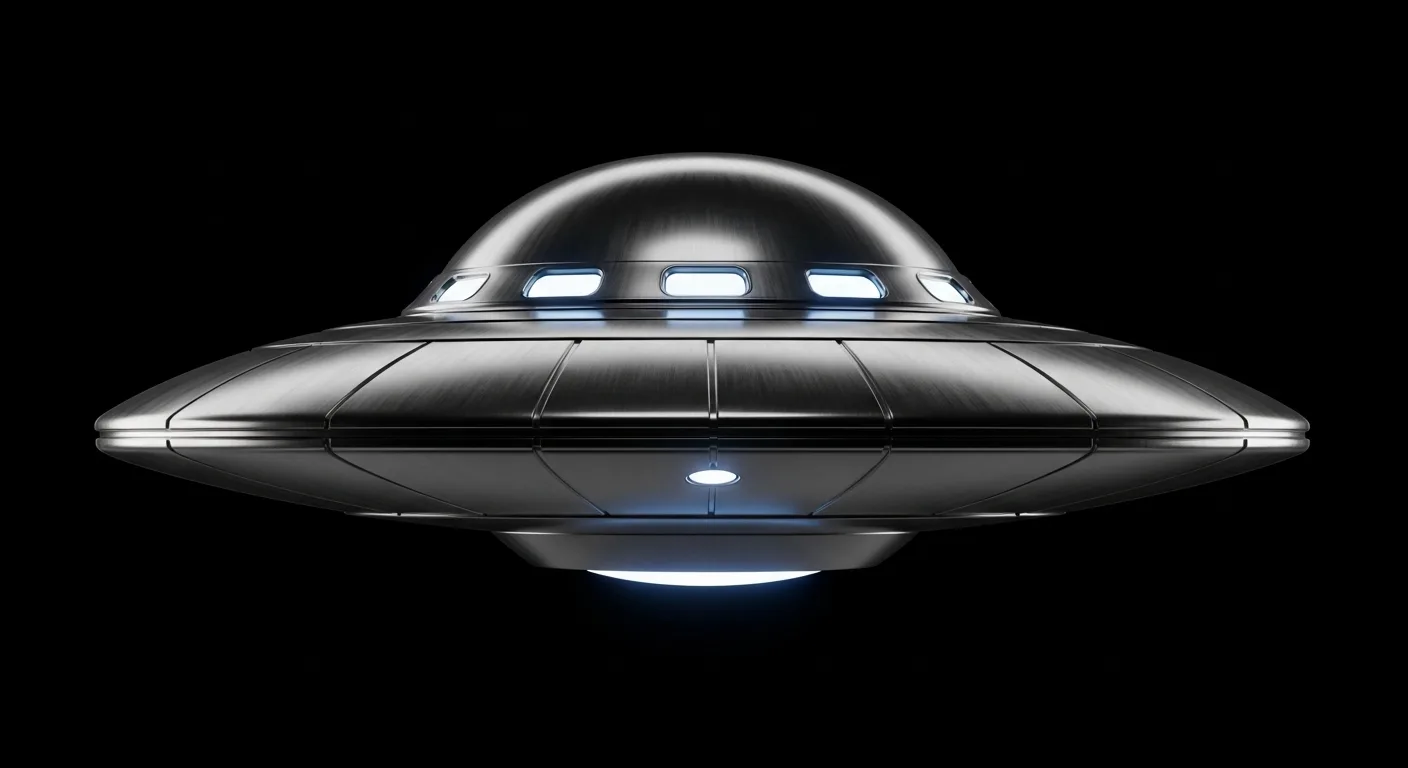 Artistic depiction of Colares UFO Attacks — silver flying saucer with porthole windows