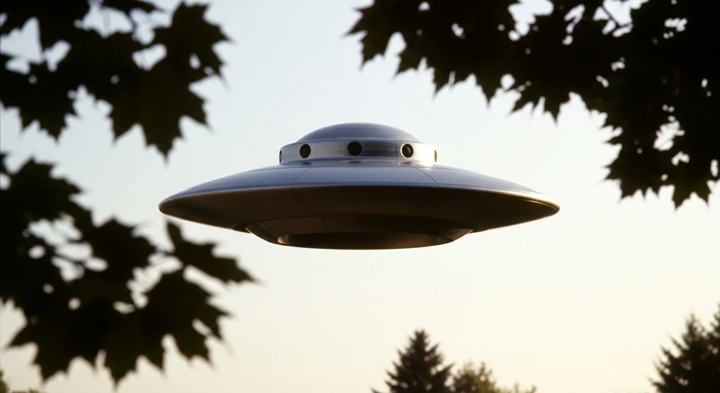 Disc-shaped craft hovering above tropical treeline at dusk