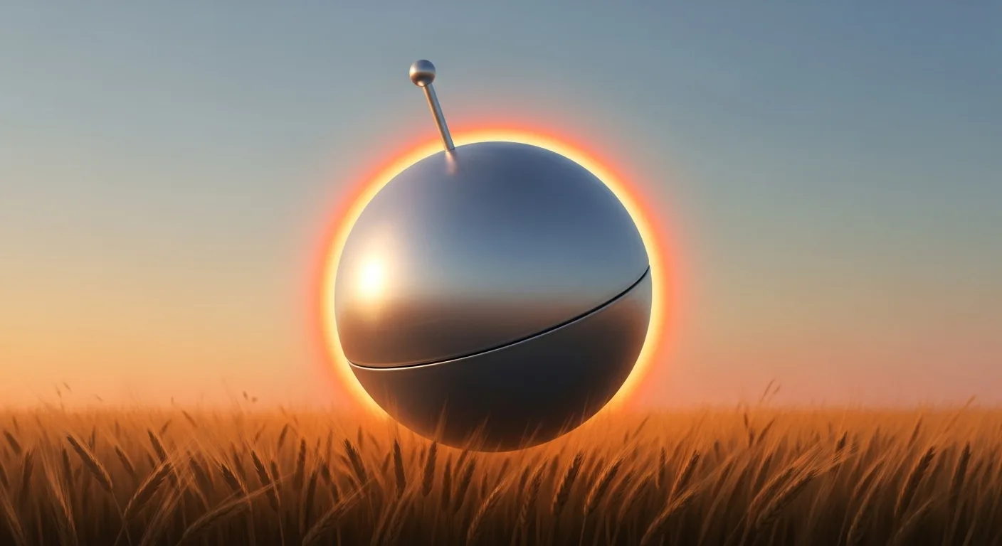 Bright spherical object hanging stationary in a clear sky above the horizon