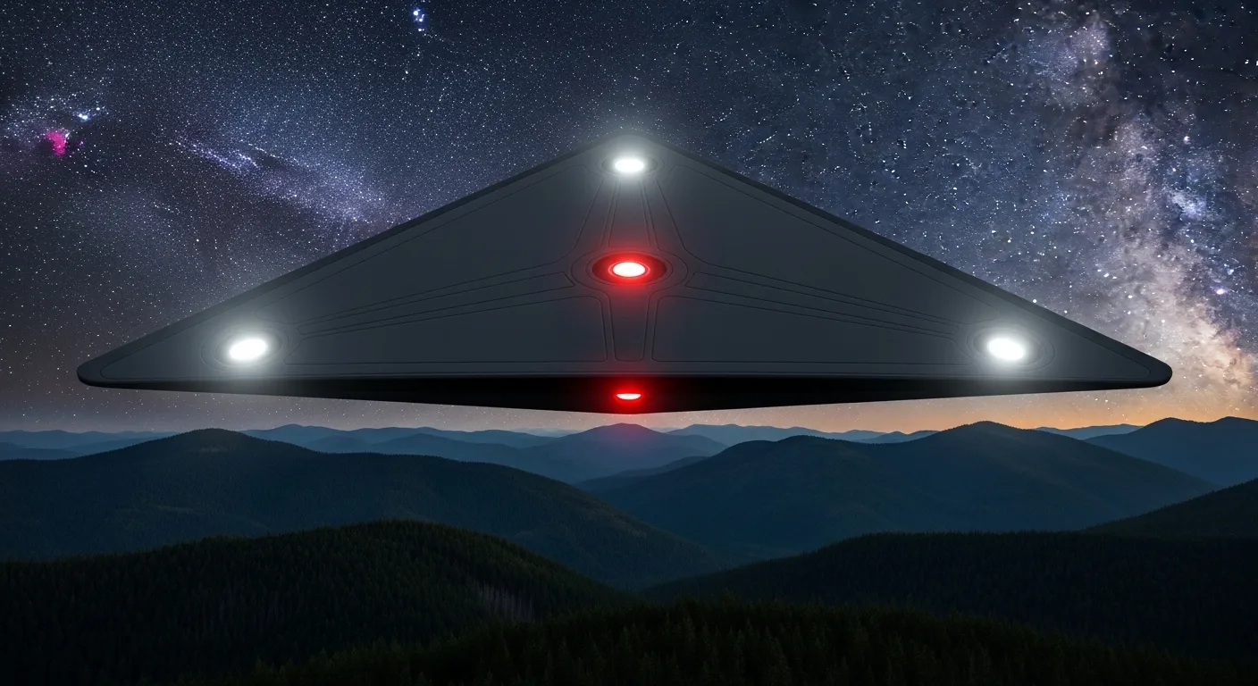 Triangular black craft with corner lights over dark mountains