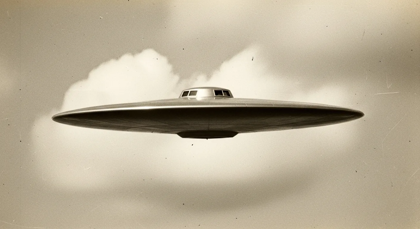 Grainy vintage photographic style image of a disc-shaped object in the sky